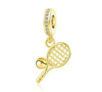 LuxglitterLin Breloque en forme de raquette et balle de tennis en oxyde de zirconium brillant compatible avec bracelet Pandora pour les amateurs de tennis Plaqué or