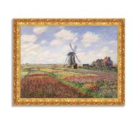 LuxHomeDecor Claude Monet - Champ de tulipes avec moulin à vent - Tableau impression sur toile effet peinture avec cadre en bois doré baroque classique - 90x70 cm