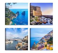 LuxHomeDecor Lot de 4 tableaux 30x30 cm - Impression sur toile avec cadre en bois - Côte et golfe de Naples : Capri, Positano, Vésuve