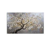LuxHomeDecor Tableau arbre fleuri blanc et or, Impression sur toile avec cadre en bois, décoration murale, 140x70 cm
