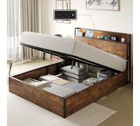 LUXOAK Lit avec espace de rangement 160 x 200 cm, levage hydraulique et station de charge intégrée dans la tête de lit, cadre en métal aspect bois, marron, sans matelas