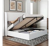 LUXOAK Lit capitonné avec Espace de Rangement à gaz, tête de lit à Ailes pour Un Maintien Confortable, Lattes en Bois Massif pour Un Sommeil paisible, Montage Rapide, recouvert de Tissu en Lin (Blanc