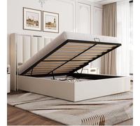 LUXOAK Lit Coffre 160 x 200 cm avec Sommier à Lattes, Tête de Lit 115 cm de Haut Miroir Chromé, Mécanisme de Levage Hydraulique, Velours Premium,Espace de Rangement Spacieux, Crème Blanc