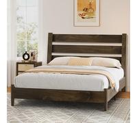 LUXOAK Lit en bois massif 140 x 200 cm avec tête de lit inclinée, design mi-siècle, lattes en bois stables, pas de sommier tapissier nécessaire, silencieux, marron noir