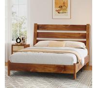 LUXOAK Lit en bois massif 160 x 200 cm avec tête de lit inclinée, design mi-siècle, lattes en bois stables, pas de sommier tapissier nécessaire, silencieux, marron jaune