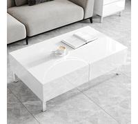 LUXOAK Table basse blanche brillante avec 2 tiroirs, table de salon moderne avec espace de rangement, table basse rectangulaire 102 x 60 x 35 cm pour salon, bureau et salle d'attente