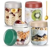 Luxoraiova Lot de 4 Overnight Oats Jar 450ml, Pot Yaourt en Verre avec Couvercle Boîtes À Avoine de Nuit, Bocaux en Verre Hermétique Meal Prep Containers pour L'Avoine Yaourts Confitures Snacks