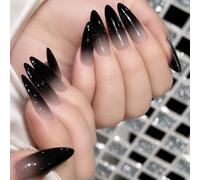 Luxorielle 24 pièces ongles d'Halloween, press-on nails (B) | Ongles Halloween à coller, ongles longs à presser, dégradé nude noir, brillance avec de fines paillettes
