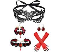 Luxorium Accessoires Halloween Femme 5 Pièces Rouge Taille Unique | Collier Dentelle Élastique & Bijoux Vampire | Confort Peau Sensible & Tenue Stable Pour Fête Cosplay