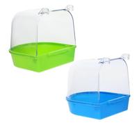Luxshiny Bassin de Bain pour Oiseaux Petit, Lot de 2 Pièces Bleu et Vert, en Plastique Résistant, Ouverture Incurvée pour Cage Suspendue, Outil de Nettoyage et Bain Couleur Aléatoire