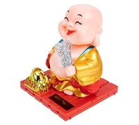 Luxshiny Figurine Bouddha Maitreya Solaire Éventail Hochant La Tête, Décoration Voiture Et Bureau En Plastique Doré, Énergie Solaire Continue Pour Intérieur Et Extérieur, Ornement Artistique Spirituel