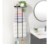 Luxspire 80cm Porte-Serviettes de Salle de Bain Mural, Support Serviettes de Bain avec 4 Crochets, Étagère de Rangement Porte-Serviettes à 2 Niveaux pour Salle de Bains et Toilettes en Suite, Noir