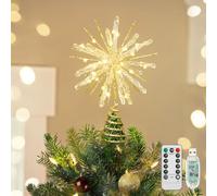 Luxspire Étoile d'arbre de Noël Lumineuse avec Télécommande USB, Décoration Métallique Transparente 10", Étoiles Lumineuses, Ornements Vintage Modernes pour Fêtes à la Maison, Echinoid Star-Gold