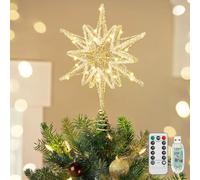 Luxspire Étoile de Sapin de Noël Lumineuse, Topper Étoile avec Branchement USB et Télécommande, Décoration en Métal LED de 9,8", Ornement Vintage Moderne pour Sapin de Noël, Crystal Hexagram-Gold
