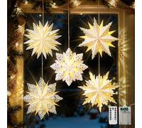 Luxspire Lanterne de Noël en Papier Étoilé, 5 Pack Lumières de Flocon de Neige en Papier avec Perles Lumineuses LED et Télécommande, Lanterne Décorative Pliable pour les Fêtes de Fin d'Année