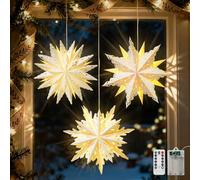 Luxspire Lanterne Étoile en Papier de Noël, 3 Pack Lumières de Flocon de Neige en Papier à Suspendre avec Perles Lumineuses LED et Télécommande, Lanternes Décoratives Pliables pour Fête de Noël
