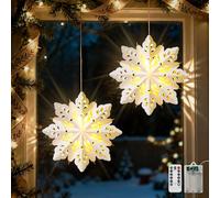 Luxspire Lanternes Étoile en Papier de Noël, 2 Pack Lampes Suspendues Flocon de Neige avec Perles LED et Télécommande, Lanternes Décoratives Pliables pour Noël, Fête et Vacances, Flocon de Neige