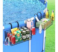 Luxspire Panier de Rangement pour Piscine, Panier de Fournitures de Piscine Hors Sol avec Porte-gobelet, Panier de Piscine Pliable en Métal Antirouille, Accessoires de Rangement pour Piscine, Noir