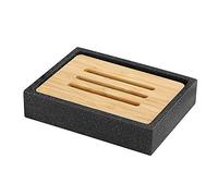 Luxspire Porte-Savon en Résine, Support de Savon avec Planche de Bambou, Plateau de Rangement avec Double Couches pour Ranger Bougie, Salle de Bain, Cuisine, et Toilettes - Sable Noir