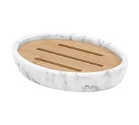 Luxspire Porte-Savon en Résine, Support de Savon avec Planche de Bambou, Plateau de Rangement Ovale avec Double Couches pour Ranger Bougie, Salle de Bain Cuisine et Toilettes - Blanc Sable