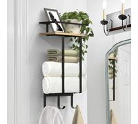 Luxspire Porte-Serviettes de Salle Bain Mural, Support Serviette Bain avec 3 Crochets, Étagère de Rangement pour Peut Contenir 3 Serviettes Roulées pour Gel Douche Shampoing, Noir + Bois