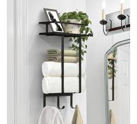 Luxspire Porte-Serviettes de Salle de Bain Mural, Support Serviettes de Bain avec 3 Crochets, Étagère de Rangement de Bain Peut Contenir 3 Serviettes Roulées pour Gel Douche Shampoing, Noir