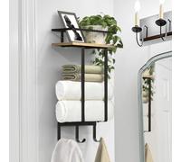 Luxspire Porte-Serviettes de Salle de Bain Mural, Support Serviettes de Bain avec 3 Crochets, Étagère de Rangement de Bain Peut Contenir 3 Serviettes Roulées pour Gel Douche Shampoing, Bois Rustique