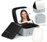 Luxspire Trousse De Maquillage Avec Led Miroir, 3 Modes D'éclairage Miroir De Maquillage Led Val Maquillage Trousse De Étuis De Voyage Avec Séparateurs Réglables Pour Femme, Gris Bleu