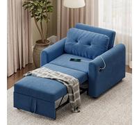 Luxstein Canapé Lit Pliant Trois en Un avec Ports USB et Type-C,Doté de Coussins Moelleux,de Poches de Rangement et Dun Dossier Réglable,Tissu en Lin,Bleu