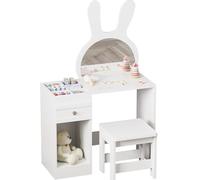 Luxstein Coiffeuse Enfant avec Tabouret et Miroir Oreilles de Lapin, Coiffeuse Fille 2-en-1 Bureau, 1 Tiroir, 6 Compartiments et Étagère, Meuble en Bois MDF pour Chambre d’Enfant 3-12 Ans, Blanc