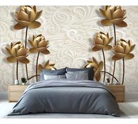 Luxueuse fresque murale 3D dorée à motif floral de lotus et damas, décoration murale texturée élégante pour salon, chambre, mur d'accent au design intérieur opulent 200x140cm (Non autocollant)