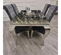 Luxueuse table à manger Louis chromée élégante avec plateau en pierre frittée en marbre noir et or 1,5 m