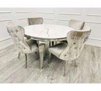 Luxueuse table de salle à manger Louis chromée de 1,3 m ronde en pierre frittée blanc polaire avec plateau élégant en marbre et verre, ensemble de salle à manger moderne pour intérieurs élégants