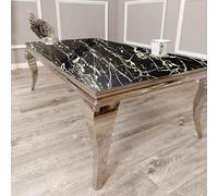 Luxueuse table de salle à manger Louis chromée - Élégant ensemble de salle à manger de 1,8 m avec marbre noir et or en pierre frittée ou plateau en verre - Décoration moderne pour la maison