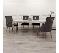 Luxueuse table de salle à manger Louis chromée - Élégant ensemble de salle à manger en marbre fritté de 1,8 m et plateau en verre pour les maisons modernes - Finition élégante en marbre blanc