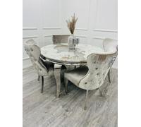 Luxueuse table de salle à manger Louis chromée - Ensemble de salle à manger rond élégant de 1,3 m avec marbre fritté en pierre ou plateau en verre - Décoration d'intérieur élégante pour les intérieurs