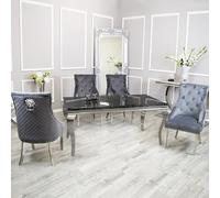 Luxueuse table de salle à manger Louis chromée - Ensemble élégant de salle à manger de 1,8 m avec marbre noir fritté en pierre ou plateau en verre - Meubles d'intérieur modernes pour une expérience
