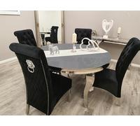 Luxueuse table de salle à manger Louis chromée - Plateau rond en verre gris de 1,3 m - Ensemble de salle à manger élégant avec options en marbre et pierre frittée - Meuble de maison moderne