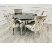 Luxueuse table de salle à manger Louis chromée ronde de 1,3 m en marbre fritté noir et doré avec plateau en verre ou plateau en verre élégant pour les maisons modernes