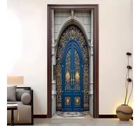 Luxueux ChâTeau de Style EuropéEn Stickers de Porte 3D Auto-adhésif Bleu Papier Peint Porte Amovible en PVC Étanche, Autocollants Muraux pour Salon, Chambre, Salle de Bain 77x200 cm