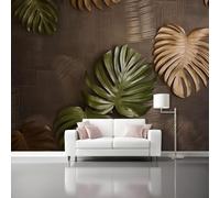 Luxueux Papier Peint Panoramique - Monstera Feuilles De Palmier Modèle Papier Peint Poster Mural Intissé 350 x 256 cm, Marron Foncé Murale Fresque pour Salon Chambre Cuisine Fond Tv Décoration