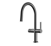 Luxury Brass Gun Gray Kitchen Faucet LED Digital Sensing Design Single Handle Hot & Cold Water Pull-out Type 2-function Sink Tap(Brushed Grey-Y,G3/8)