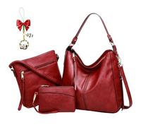 Luxury Leather 3-Piece Hobo Bag Set, Soft Anti-Theft Crossbody Purse and Wallet Set, Shoulder Handbag for Women (Red)