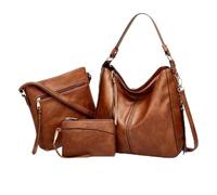 Luxury Leather 3-Piece Hobo Bag Set, Soft Anti-Theft Crossbody Purse and Wallet Set, Shoulder Handbag for Women (Brown)