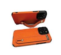 Luxury Wrist Strap Holder Leather Texture Case ，Compatible for Phone 16Pro Max 15Pro Max Soft Silicone Bracket Cover(Orange,for 15Pro)