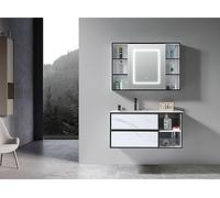 LuxuryBain- Meuble de Salle de Bain Simple Vasque 100cm Blanc Effet marbre avec Miroir LED et Colonne de Rangement LB-6948