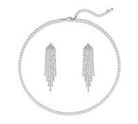 Luxval Boucles d'oreilles pendantes en strass pour femme - Argent brillant - Longues boucles d'oreilles chandelier à pompons - Clous d'oreilles légers en oxyde de zirconium, Plaqué or blanc 14 carats