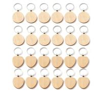 Luxvara 24 Pcs Porte-Clés en Bois Vierges, Porte Clés Bois Brut avec Anneaux, Porte Clé Ronds＆Cœur Naturel Personnalisé, Portes Clé Boiss a Graver pour DIY Bricolage, Sculpture, Décoration