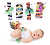 Luxvara 4 Pcs Bébé Poignet et Chaussettes Hochet, Jouet Bebe de 0 3 6 9 Mois, Hochet Bebe Bell Strap Poignet et Pied Finder Jouets de développement Cadeau pour Tout-Petits Garçons Filles