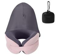 Luxvara Oreiller de Voyage, Coussin Avion Cou, Repose Tete Avion, Forme de U Coussin Nuque avec Capuche Bande Scratch Réglable avec Sac de Rangement pour Voiture, Train, Bureau (Taux D'ombrage 80%)